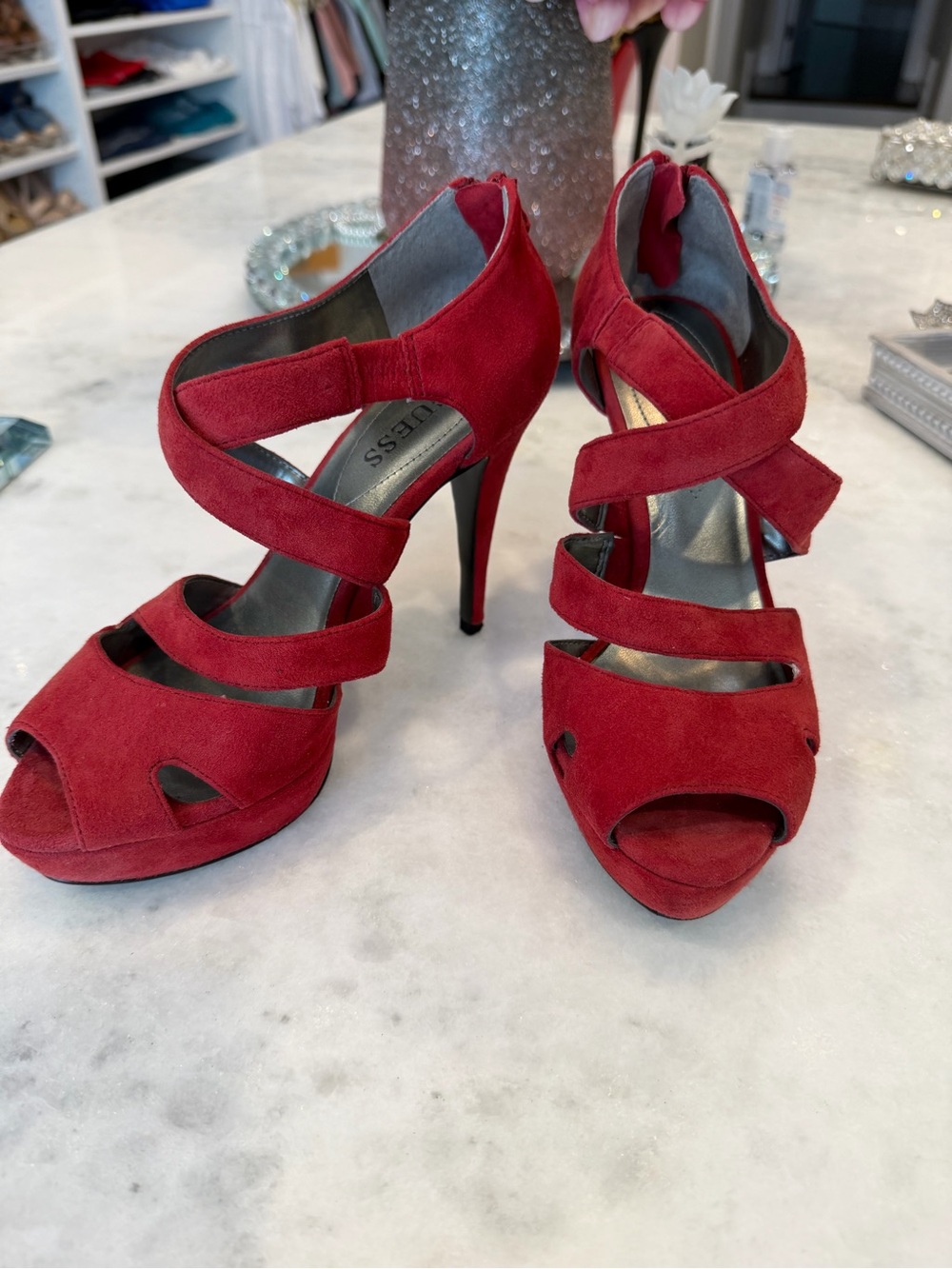 GUESS Red Suede Strappy High Heel Sandals 6.5